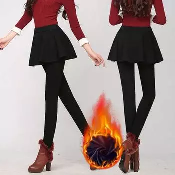 Женские брюки Yousheng, осенне-зимние, имитация двухкомпонентной юбки А-силуэта с высокой эластичностью, плиссированная юбка, леггинсы в стиле пэчворк из плотной плюшевой подкладки, однотонные леггинсы M чёрный