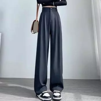 Женские брюки Yousheng, прямые, широкие брюки с высокой талией и карманами, на пуговицах и молнии, однотонные, свободные, для работы, брюки L чёрный