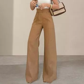 Женские брюки Yousheng с высокой талией, широкие брюки для поездок на работу, осенне-зимние прямые брюки-трубы для офисных вечеринок, повседневная одежда L верблюд