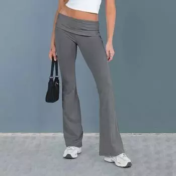 Женские брюки Yousheng, средняя посадка, эластичный пояс, регулируемые шнурки по бокам, длинные брюки, однотонные узкие расклешенные брюки, повседневная одежда M чёрный