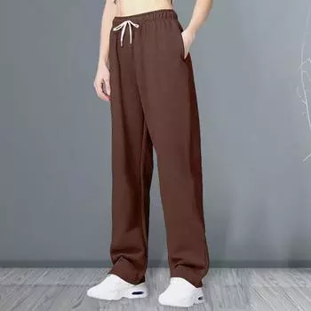 Женские брюки Yousheng, средняя посадка, эластичный пояс, регулируемые длинные брюки на шнурке, однотонные прямые широкие спортивные брюки для осени и зимы XXL коричневый