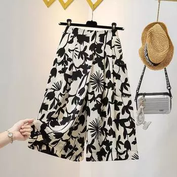 Женские брюки Женские брюки с высокой талией и принтом Широкие брюки с яйцевидным узором Юбка Летняя семиминутная брюки Тонкий срез Свободная юбка с широкими штанинами L