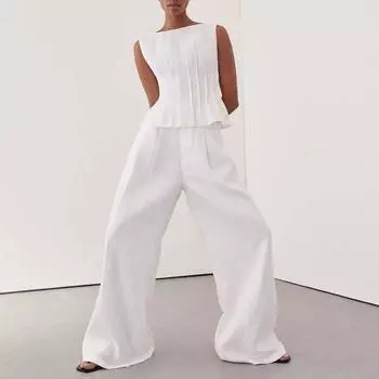 Женские брюки-жилетки, комплекты из двух предметов, однотонные, облегающие, без рукавов, плиссированные майки, свободные, с высокой талией, широкие брюки, костюмы S белый