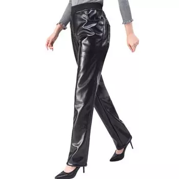 Женские брюки, зимние толстые теплые женские кожаные бархатные брюки из искусственной кожи, эластичные брюки M чёрный