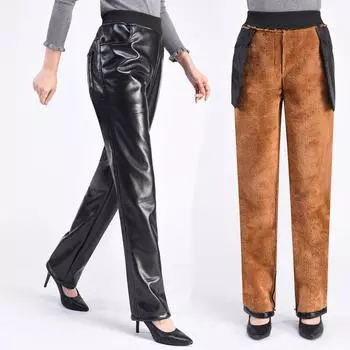 Женские брюки, зимние толстые теплые женские кожаные бархатные брюки из искусственной кожи, эластичные брюки M чёрный