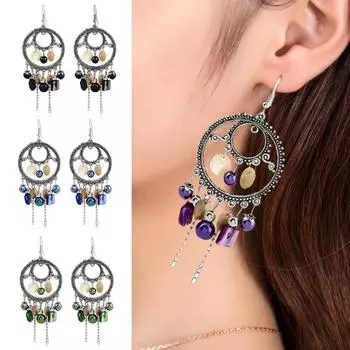 Женские бусины в этническом стиле в стиле ретро, цепочка с кисточками, круглые серьги-крючки, серьги-капли, ювелирные изделия зелёный