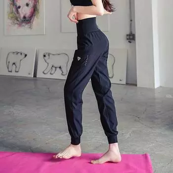 Женские быстросохнущие брюки для йоги с высокой талией, всесезонные удобные наклонные карманы, длинные стильные спортивные штаны S чёрный