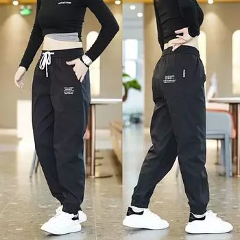 Женские быстросохнущие капри из ледяного шелка: Летние широкие брюки с манжетами, больших размеров, повседневные спортивные M 70-103 lbs чёрный