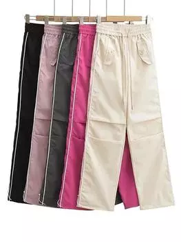 Женские быстросохнущие повседневные брюки на шнуровке Looe, летние однотонные брюки в полоску с карманами на нижней части, модная уличная одежда в стиле ампир в стиле пэчворк S абрикосовый