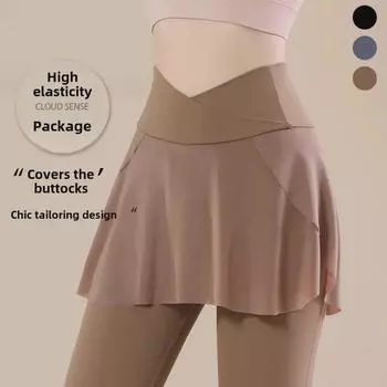 Женские быстросохнущие штаны для йоги с высокой талией и вшитой юбкой для осени/зимы Large кофейный