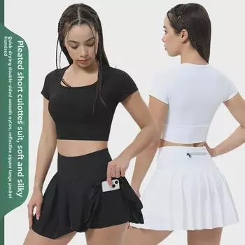 Женские быстросохнущие спортивные топы и теннисные юбки: Ударопрочная одежда для йоги с подкладкой на груди и открытым пупком Large белый