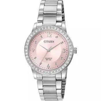 Женские часы Citizen Quartz из нержавеющей стали с кристаллами серебристого тона, кварцевый механизм