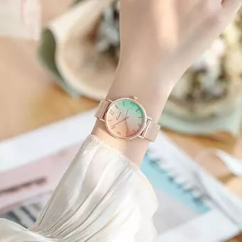 Женские часы Ins Style Simple Temperament Gradient Rainbow Quartz Watch Fashion Mesh Chain Женские часы rose golden orange green