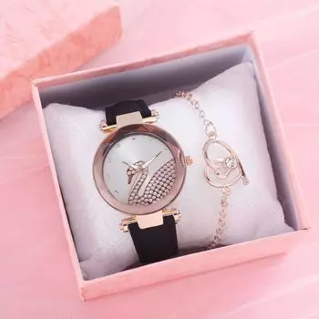 Женские часы класса люкс, новые повседневные женские часы с кожаной полоской, кварцевые часы Swan Lady с бриллиантами и кристаллами, уникальные бежевый