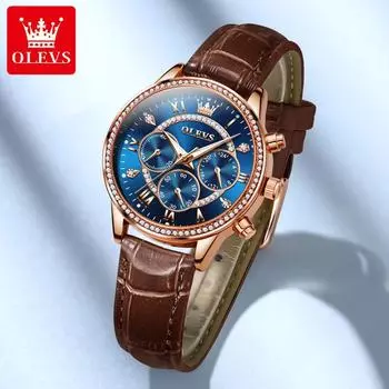 Женские часы класса люкс с тремя маленькими бриллиантами, многофункциональные водонепроницаемые женские наручные часы с кожаным ремешком серебряный/белый