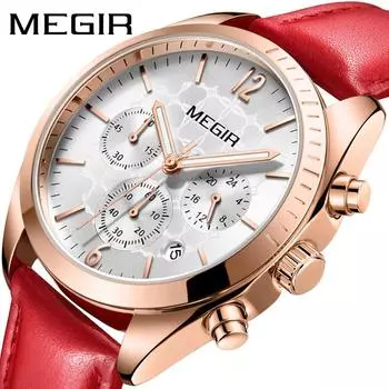 Женские часы MEGIR Fashion Pink Leather Ladies Quartz Watch Women Clock Lovers Hour Relogio Feminino Montre Femme 2115 красный