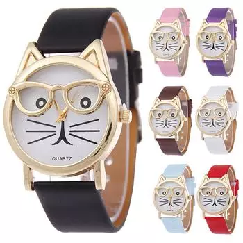 Женские часы, очки, ремешок с кошачьим циферблатом, женские кварцевые часы коричневый