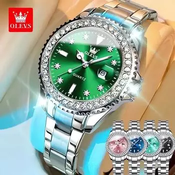Женские часы OLEVS, элегантные, полностью бриллиантовый циферблат, прочная нержавеющая сталь/кожа, автоматическая дата, водонепроницаемые кварцевые часы для женщин зелёный
