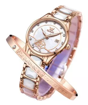 Женские часы OLEVS Easy to Rose Japanese Bracelet Date, белые, цветочные, простые, красивые, милые, золотые, популярные, водонепроницаемые, светящиеся, с механизмом,