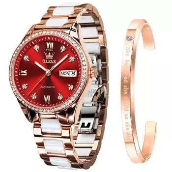 Женские часы OLEVS, популярные механические наручные часы, женские стильные, с милым браслетом, керамические, красные