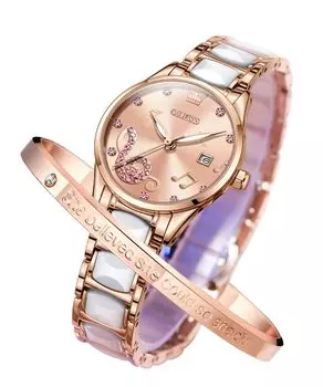 Женские часы OLEVS Rose Japanese Bracelet Easy to Date, розовые, милые, популярные, водонепроницаемые, светящиеся, золотые, с механизмом, в комплекте, керамические, для чтения, розовый