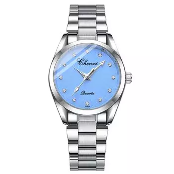 Женские часы Популярные кварцевые наручные часы с кристальным циферблатом из нержавеющей стали Легко читаемые легкие тонкие женские наручные часы Дамы Подарочные синие