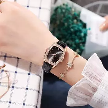 Женские часы с кожаной полоской, квадратные часы, модные элегантные женские часы с хрустальным ретро-ремешком, декоративные наручные часы с бриллиантами, аксессуары