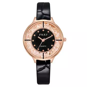 Женские часы с кожаным ремешком, аналоговые кварцевые модные темпераментные женские часы чёрный