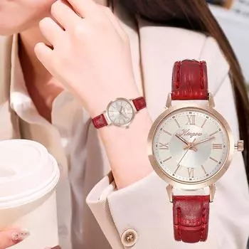 Женские часы с кожаным ремешком, аналоговые кварцевые модные темпераментные женские часы красный
