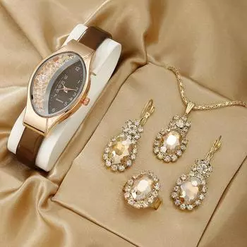 Женские часы с кожаным ремешком, аналоговые кварцевые наручные часы, ожерелье, серьги, кольцо, комплект ювелирных изделий коричневый