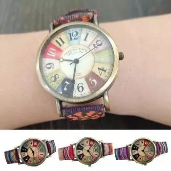 Женские часы с круглым циферблатом и указателем, регулируемый ремешок, анти-шок, винтажная декоративная застежка с пряжкой, женские часы в этническом стиле A