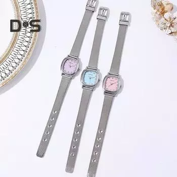 Женские часы с квадратным циферблатом со стразами, сетчатый ремешок, кварцевый механизм, минималистское женское платье для девочек, наручные часы, модные украшения, подарок на день рождения фиолетовый