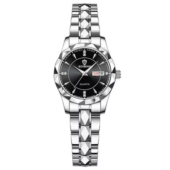 Женские часы серебристые аналоговые простые с календарем дней недели 3ATM водонепроницаемые повседневные деловые женские часы с ремешком из нержавеющей стали - День святого Валентина