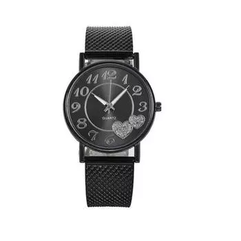 Женские часы сетчатые с двойным сердечком на циферблате женские часы повседневные кварцевые часы AVE чёрный