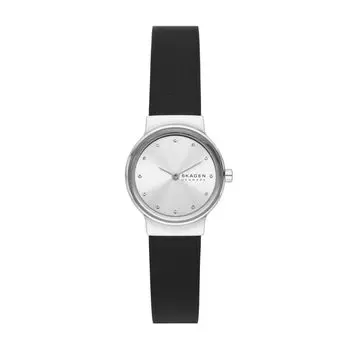 Женские часы Skagen Freja Lille Silver из нержавеющей стали с черным кожаным ремешком и двумя стрелками (Модель SKW3119)