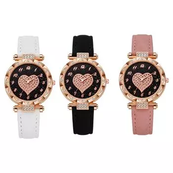 Женские часы со стразами и сердечком, кварцевые часы с кожаным ремешком и женским кожаным ремешком белый
