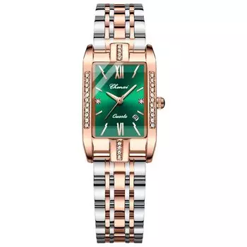 Женские часы Square Diamond: Нежные женские часы с имитацией циркония, сверкающие римские цифры, кварцевые часы с календарем и датой, нержавеющая сталь, ремень зеленого цвета