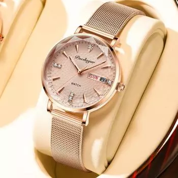 Женские часы, высокое качество, японские кварцевые модные часы из нержавеющей стали с сеткой, простые стразы, розовое золото, женские часы чёрный