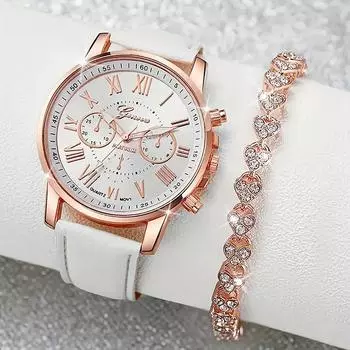 Женские часы Женева Поддельный трехглазый ремешок Женские римские индексы Женские часы