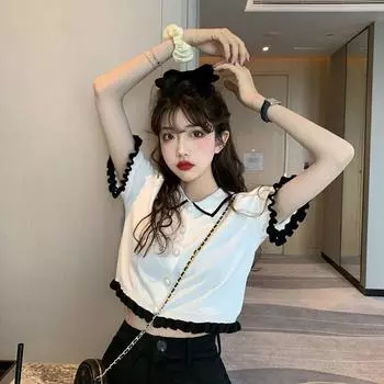 Женские черно-белые футболки-поло, повседневные футболки для девочек, повседневная одежда для вечеринок M чёрный