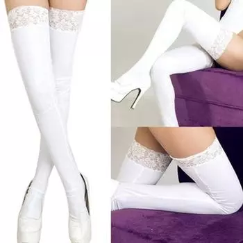 Женские черно-белые кружевные носки до бедра из искусственной кожи, модные сексуальные чулки выше колена