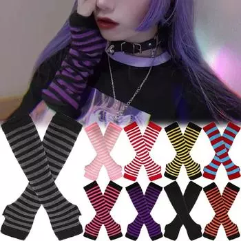 Женские черно-белые перчатки, мягкие трикотажные длинные перчатки без пальцев, варежки в полоску в стиле аниме, рождественские готические теплые рукавицы