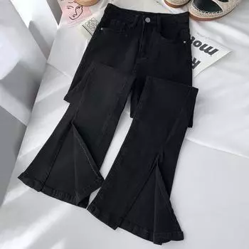 Женские черные эластичные джинсы с высокой талией и широкими штанинами, расклешенные, с разрезом, 2022 г. L