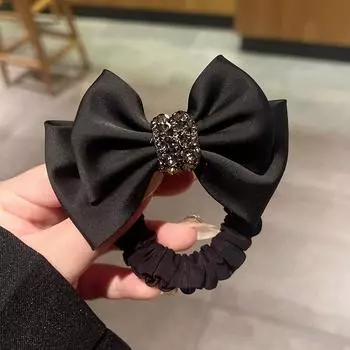 Женские черные атласные резинки для волос с бантом, хрустальные резинки для волос, заколки для волос, хвостики, аксессуары для волос для девочек, корейский головной убор One Size