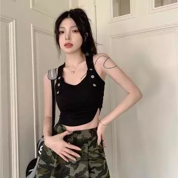 Женские черные белые майки без рукавов футболки для женщин укороченные топы повседневные жилеты для девочек Y2K однотонные топы M чёрный