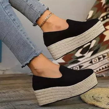 Женские черные босоножки-эспадрильи на танкетке - удобные туфли на платформе с закрытым верхом, толстой резиновой подошвой и закругленным носком, сандалии с ремешками 36 чёрный
