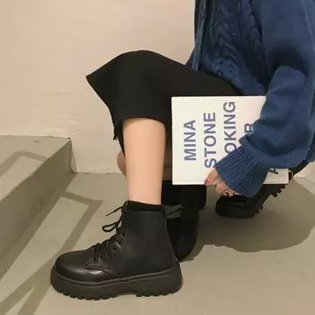 Женские черные ботильоны из искусственной кожи на толстой подошве со шнуровкой, армейские ботинки, осенние женские туфли на платформе, резиновые ковбойские сапоги, большой размер 43 35 чёрный