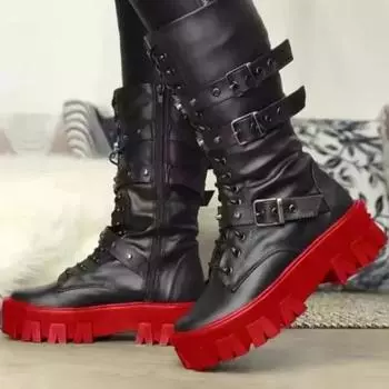 Женские черные ботинки на платформе, новые женские туфли с перекрестными шнурками, модные современные ботинки с боковой молнией, женские ботинки до середины голени с пряжкой на ремне 35