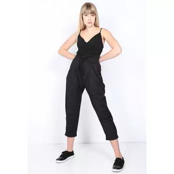 Женские черные брюки из ткани с двойными штанинами из ткани Paperbag