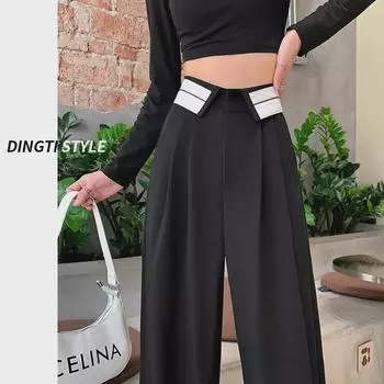 Женские черные брюки с высокой талией: Осенний широкий крой с манжетами и узким дизайном 2XL серый